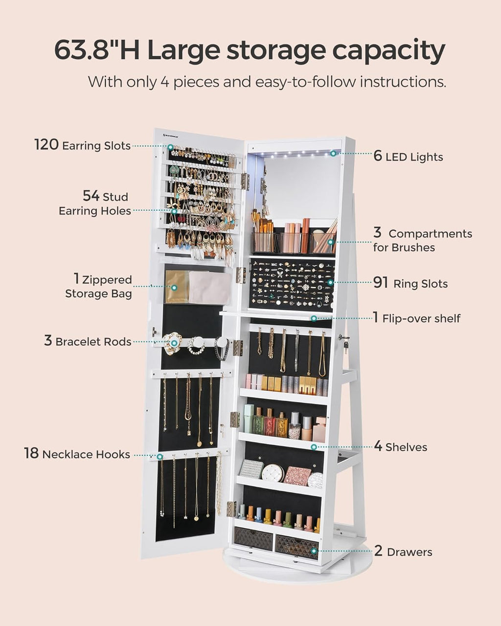 Jewelry Lockable Mirror (155 x 54.5 x 37 cm)