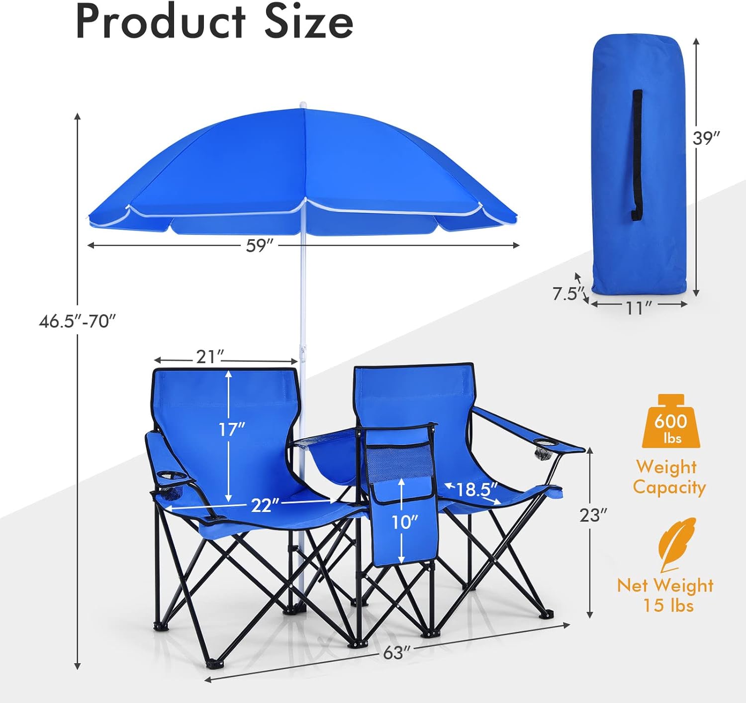Double Picnic Chair with Umbrella & Cooler